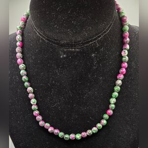 Ruby in Zoisite Beaded Necklace Faceted 6mm Stone Beads 16" Long GLOWS!